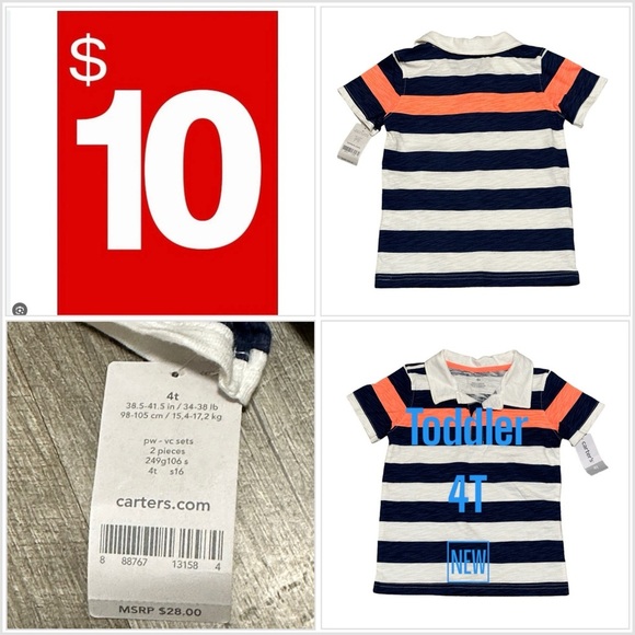 Boys Carters Toddler 4T Polo Shirt Top Stripes Blue Neon Orange Short Sleeve NWT - Picture 1 of 7